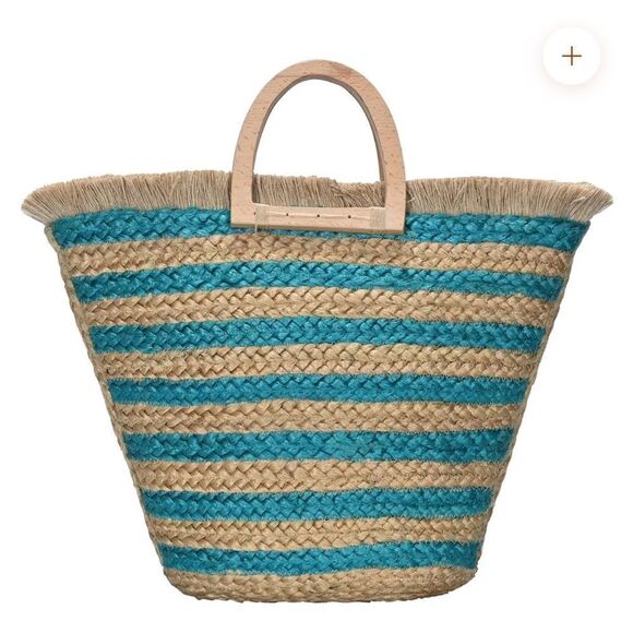 NWT ANTIK KRAFT Hashree Tote bag made with 100% Jute in turquoise stripe - Picture 1 of 9